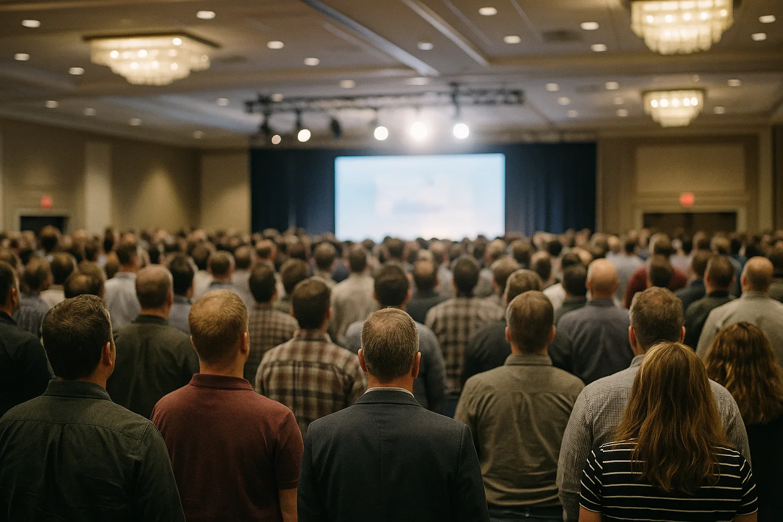 A packed sales kickoff audience facing a brightly lit stage in a hotel ballroom